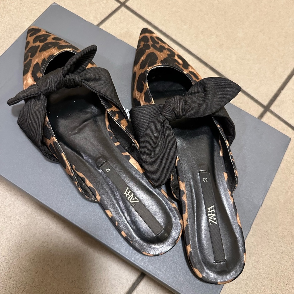 Zara Leopard Print Bow Flats – Size 7.5 US / 38 EU – NWT Chic Pointed Toe